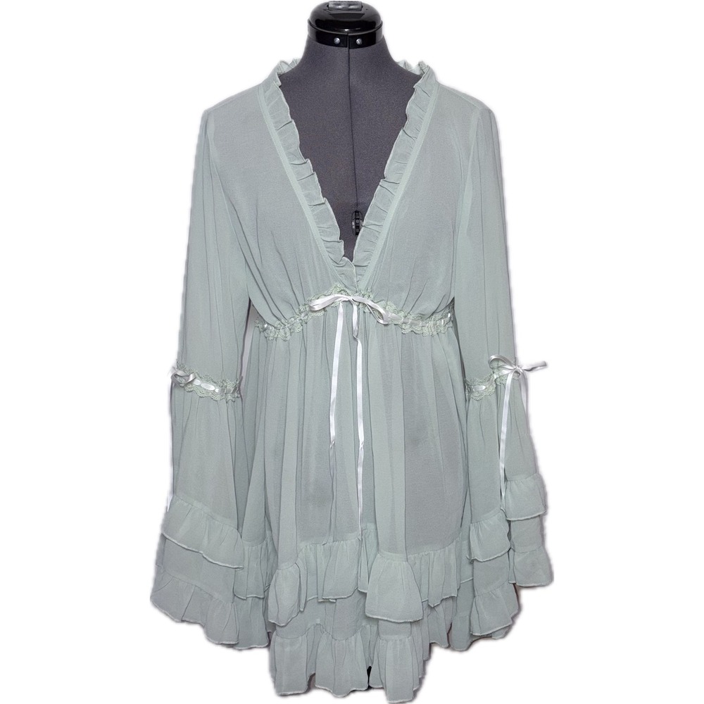Sugar Thrillz Real Divinity Fairycore Sheer Sage Green Ruffle Mini Dress XXL